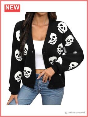 Womens Y2K Cropped Knit Cardigan Halloween Button Down V-Neck Sweater
